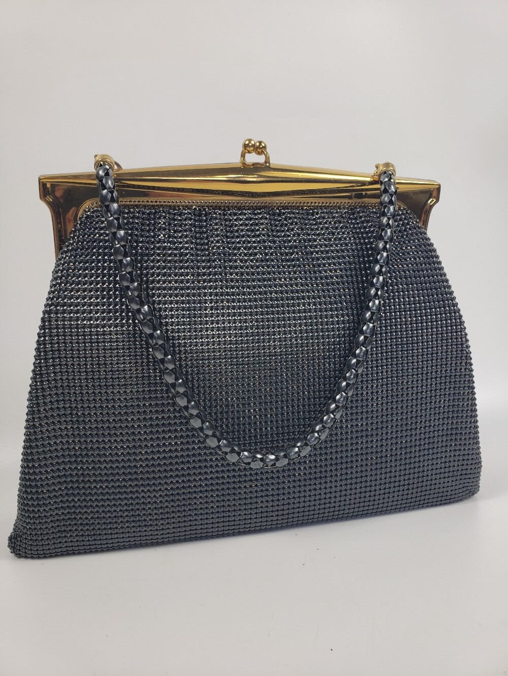 Whiting & Davis Black w/ Gold Mesh Evening Bag - Kisslock Gold Frame Vintage 9x7